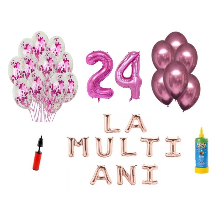 34 db DOMI PARTY & GIFTS lufi készlet, Boldog születésnapot, 24. évfordulót, fóliaszámok 100 cm, rózsaszín + Hélium palack