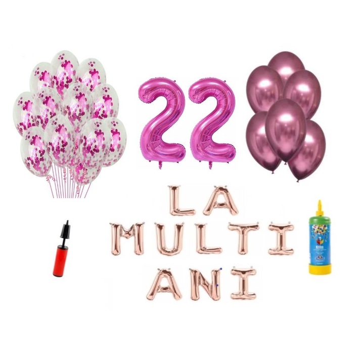 DOMI PARTY & GIFTS lufi szett, 34 elemes, Boldog születésnapot 22 éves évfordulóra, fóliaszámok 101 cm, rózsaszín + Hélium palack