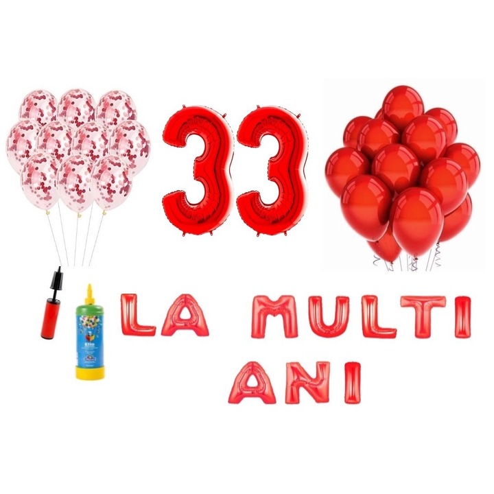 Комплект 34 балона DOMI PARTY & GIFTS, Happy Birthday 33 години юбилей, фолио цифри 100 см, червено + бутилка с хелий