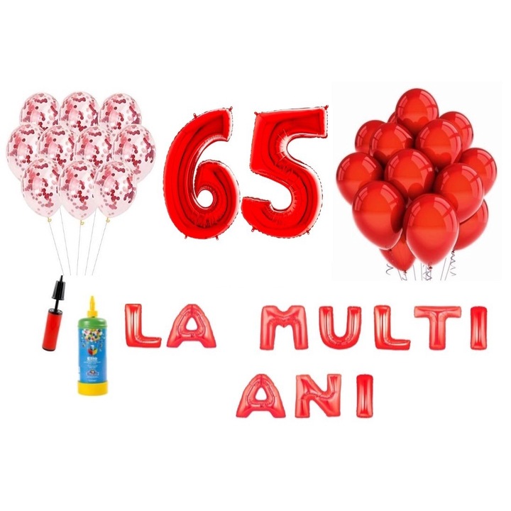 Комплект 34 бр. балони DOMI PARTY & GIFTS, Честит рожден ден, 65 годишнина, фолио цифри 100 см, червени + бутилка с хелий
