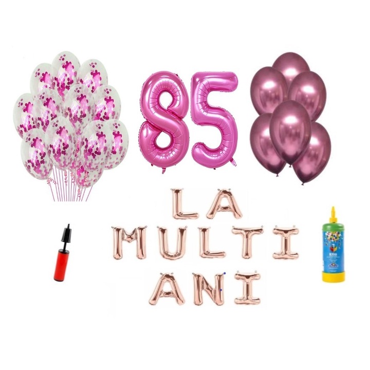 Комплект балони DOMI PARTY & GIFTS, 34 елемента, Happy Birthday 85 години, фолио цифри 101 см, розови + бутилка с хелий