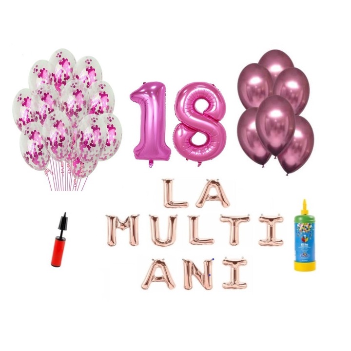 34 db DOMI PARTY & GIFTS lufi készlet, Boldog születésnapot 18 éves évfordulóra, fóliaszámok 100 cm, rózsaszín + hélium palack