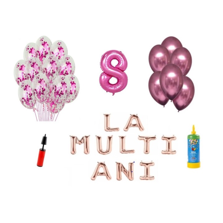 33 db-os DOMI PARTY & GIFTS lufi készlet, Boldog születésnapot 8 éves évfordulóra, fóliaszám 100 cm, rózsaszín + hélium palack