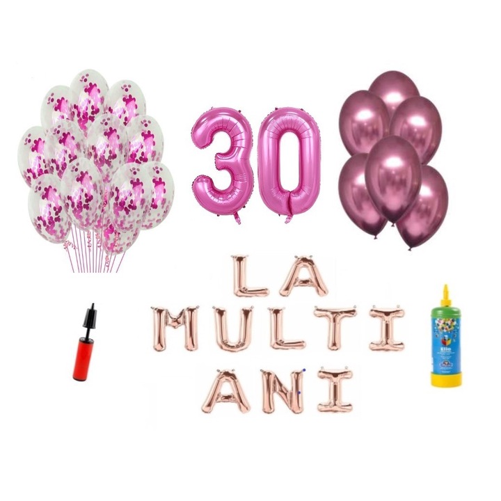 DOMI PARTY & GIFTS lufi szett, 34 elemes, Boldog születésnapot 30 éves évfordulóra, fóliaszámok 101 cm, rózsaszín + Hélium palack