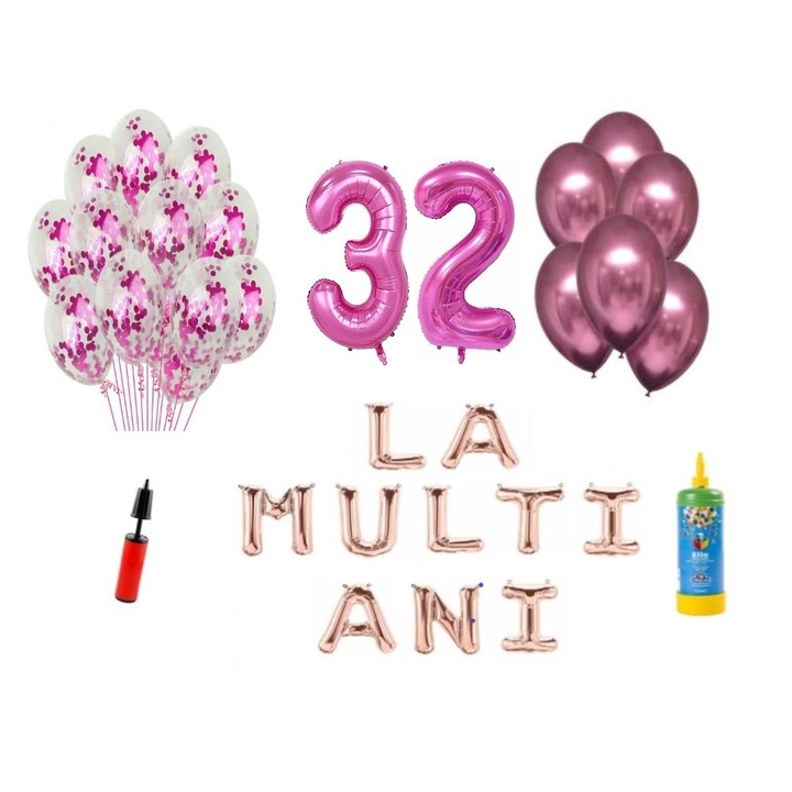 DOMI PARTY & GIFTS lufi szett, 34 elemes, Boldog születésnapot 32 éves, fóliaszámok 101 cm, rózsaszín + Hélium palack