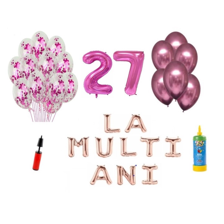 DOMI PARTY & GIFTS lufi szett, 34 elemes, Boldog születésnapot 27 éves, fóliaszámok 101 cm, rózsaszín + Hélium palack