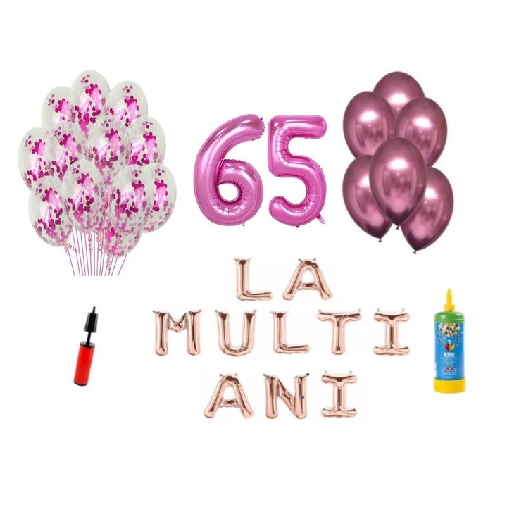 34 db DOMI PARTY & GIFTS lufi készlet, Boldog születésnapot 65 éves évfordulóra, fóliaszámok 100 cm, rózsaszín + hélium palack