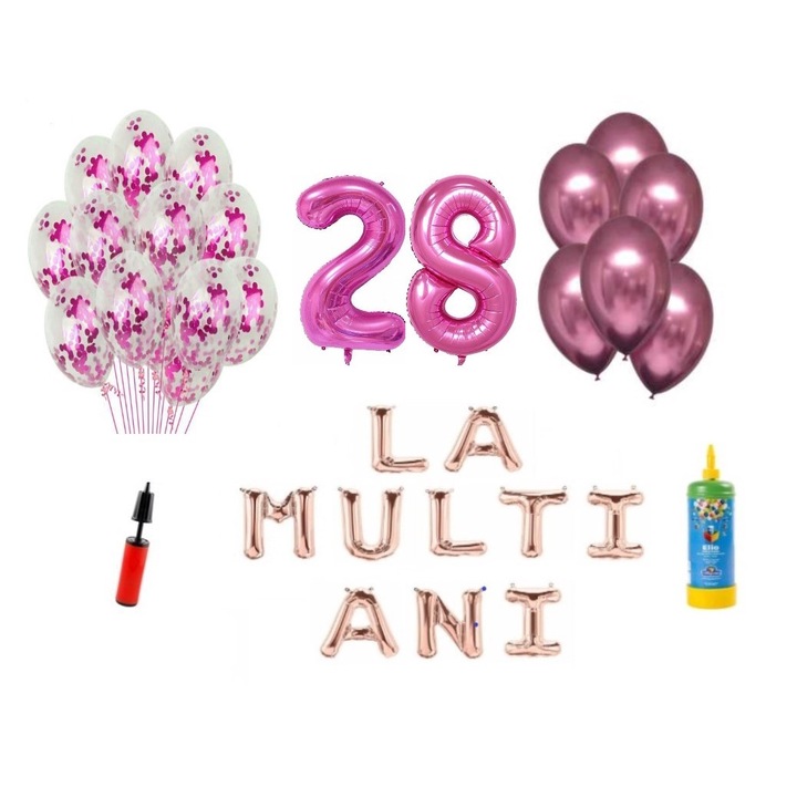 34 db-os DOMI PARTY & GIFTS lufi készlet, Boldog születésnapot 28 éves évfordulóra, 100 cm-es fóliaszámok, rózsaszín + hélium palack