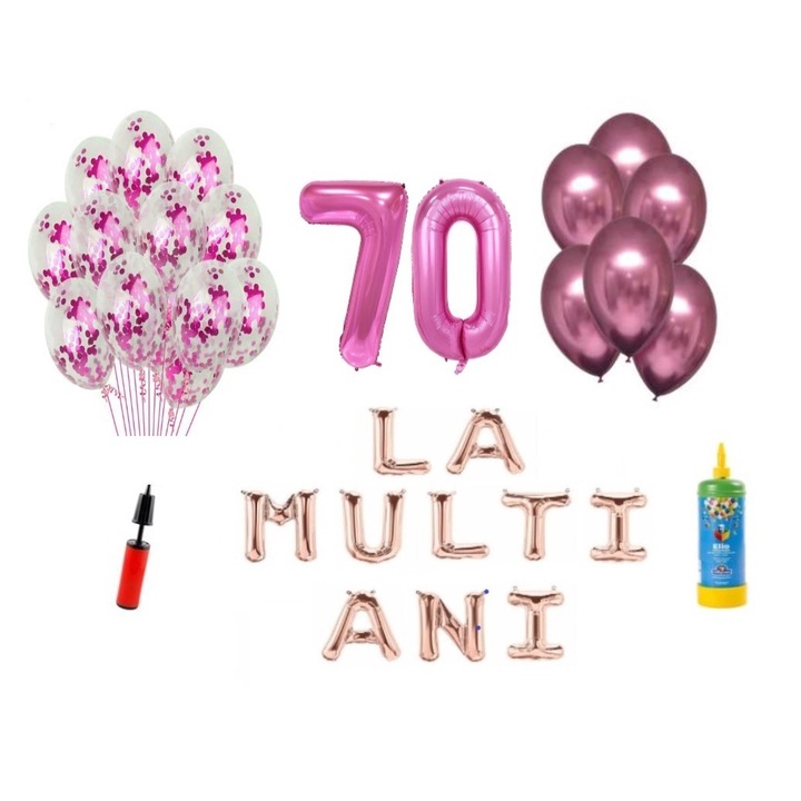 Комплект 34 балона DOMI PARTY & GIFTS, Happy Birthday 70 години юбилей, 100 см фолио цифри, розови + бутилка с хелий