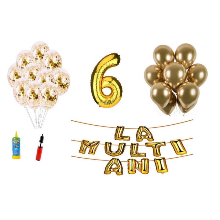 Комплект балони DOMI PARTY & GIFTS, 33 елемента, Happy Birthday 6 години, фолио номер 101 см, злато + бутилка Хелий