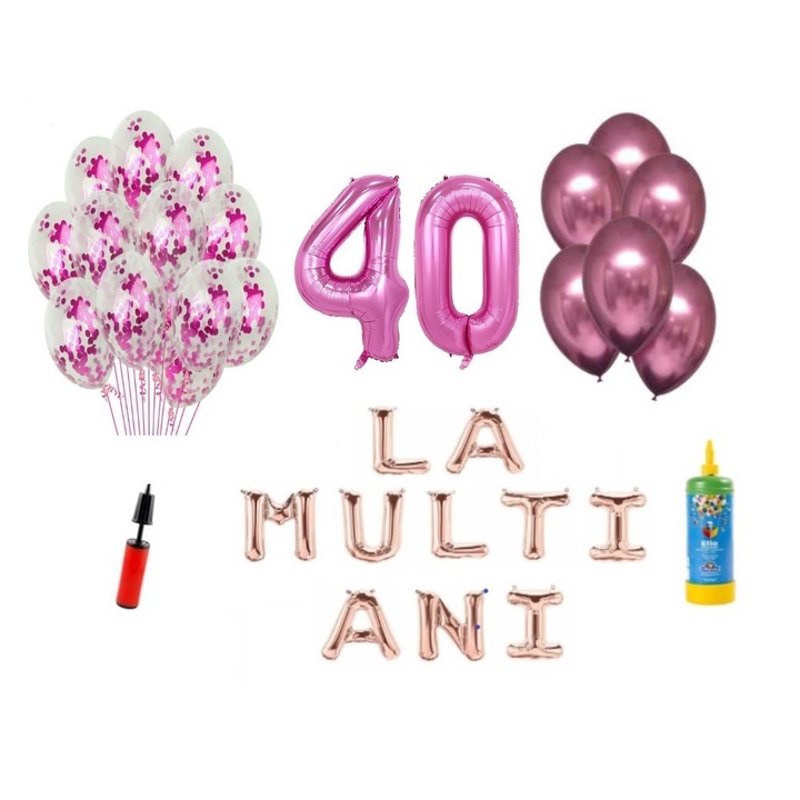 DOMI PARTY & GIFTS lufi szett, 34 elemes, Boldog születésnapot 40 éves évfordulóra, fóliaszámok 101 cm, rózsaszín + Hélium palack