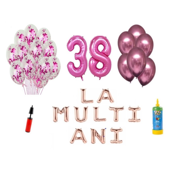Комплект 34 балона DOMI PARTY & GIFTS, Happy Birthday 38 години, фолио цифри 100 см, розови + бутилка с хелий