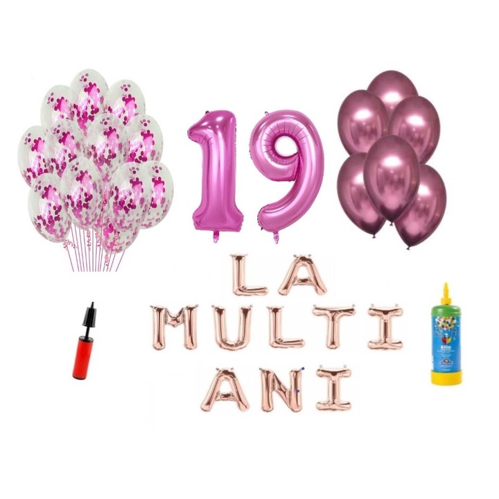 DOMI PARTY & GIFTS lufi szett, 34 elemes, Boldog születésnapot 19 éves, fóliaszámok 101 cm, rózsaszín + Hélium palack