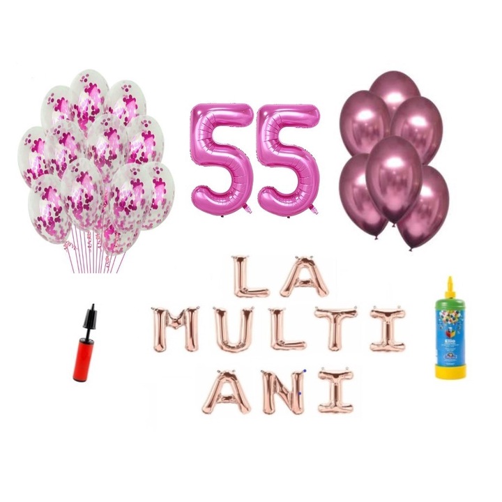 34 db DOMI PARTY & GIFTS lufi készlet, Boldog születésnapot 55 éves évfordulóra, fóliaszámok 100 cm, rózsaszín + hélium palack