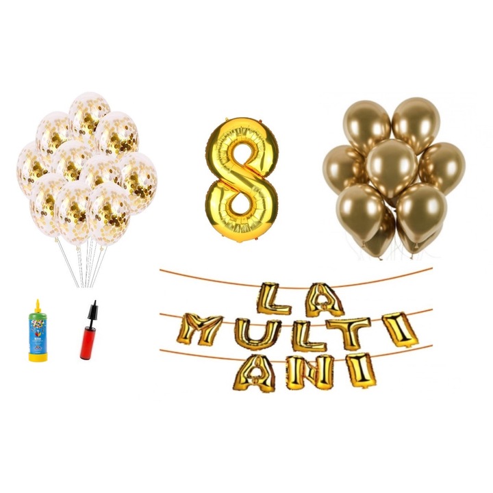 DOMI PARTY & GIFTS lufi szett, 33 elemes, Boldog születésnapot 8 éves évfordulóra, fóliaszám 101 cm, arany + Hélium palack