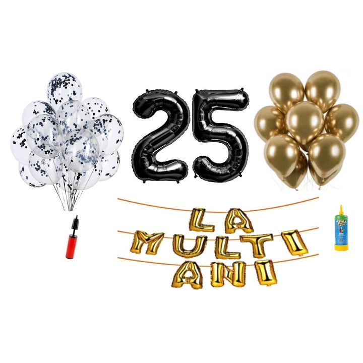 DOMI PARTY & GIFTS lufi szett, 34 elemes, Boldog születésnapot 25 éves évfordulóra, fóliaszámok 101 cm, fekete + Hélium palack