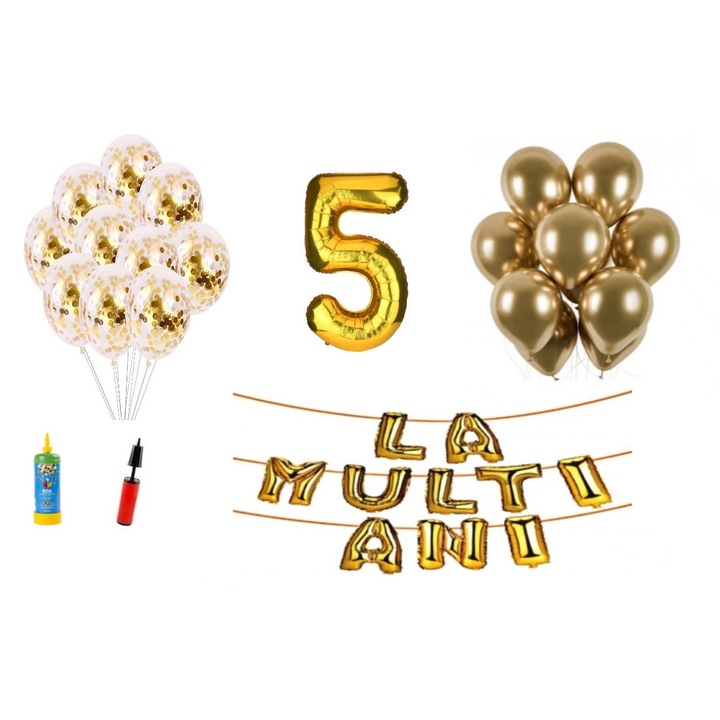 33 db DOMI PARTY & GIFTS lufi készlet, Boldog születésnapot 5 éves évfordulóra, fóliaszám 100 cm, arany + Hélium palack