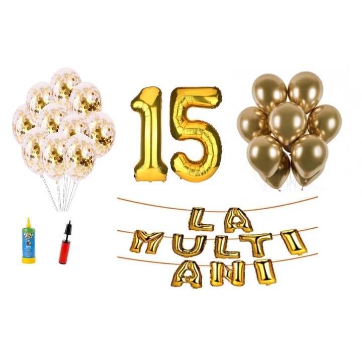 34 db DOMI PARTY & GIFTS lufi készlet, Boldog születésnapot 15 éves évfordulóra, fóliaszámok 100 cm, arany + hélium palack
