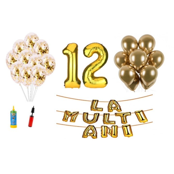 34 db DOMI PARTY & GIFTS lufi készlet, Boldog születésnapot 12 éves évfordulóra, fóliaszámok 100 cm, arany + hélium palack