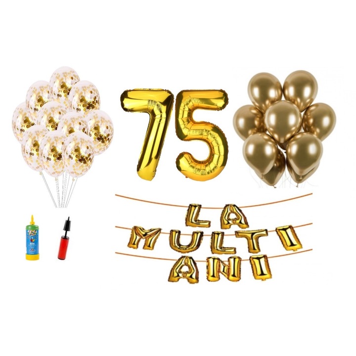 34 db DOMI PARTY & GIFTS lufi készlet, Boldog születésnapot 75 éves évfordulóra, fóliaszámok 100 cm, arany + hélium palack