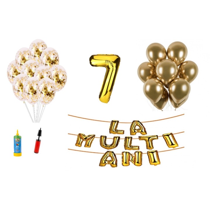 DOMI PARTY & GIFTS lufi szett, 33 elemes, Boldog születésnapot 7 éves évfordulóra, fóliaszám 101 cm, arany + Hélium palack