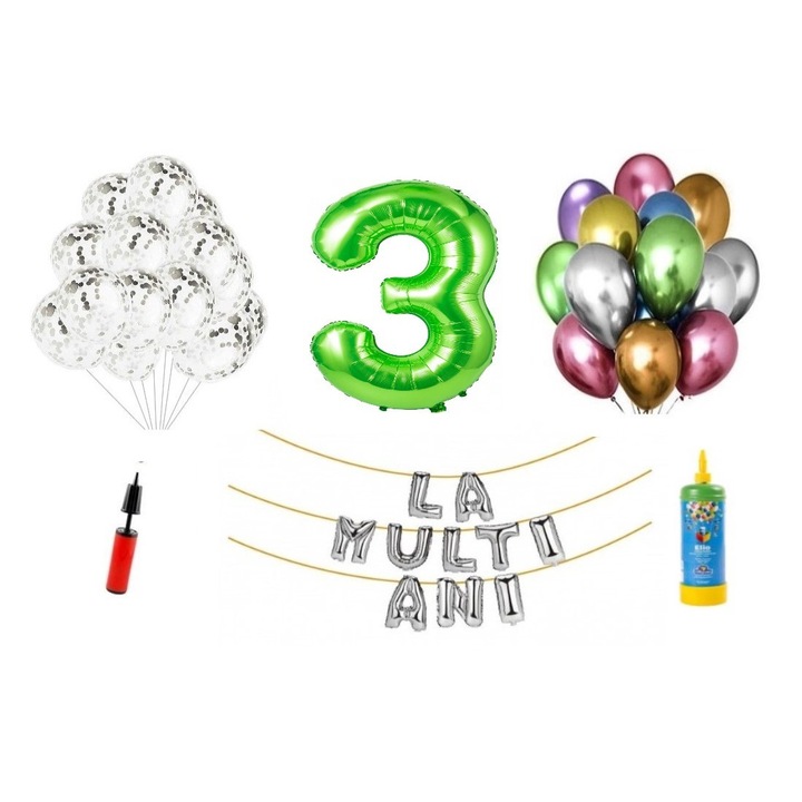 DOMI PARTY & GIFTS lufi szett, 33 elemes, Boldog születésnapot 3 éves évfordulóra, fóliafigura 1,01 m, zöld + Hélium palack