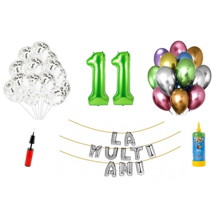 DOMI PARTY & GIFTS комплект балони, 34 елемента, Честит рожден ден 11 години юбилей, фолио цифри 101 см, зелен + бутилка с хелий