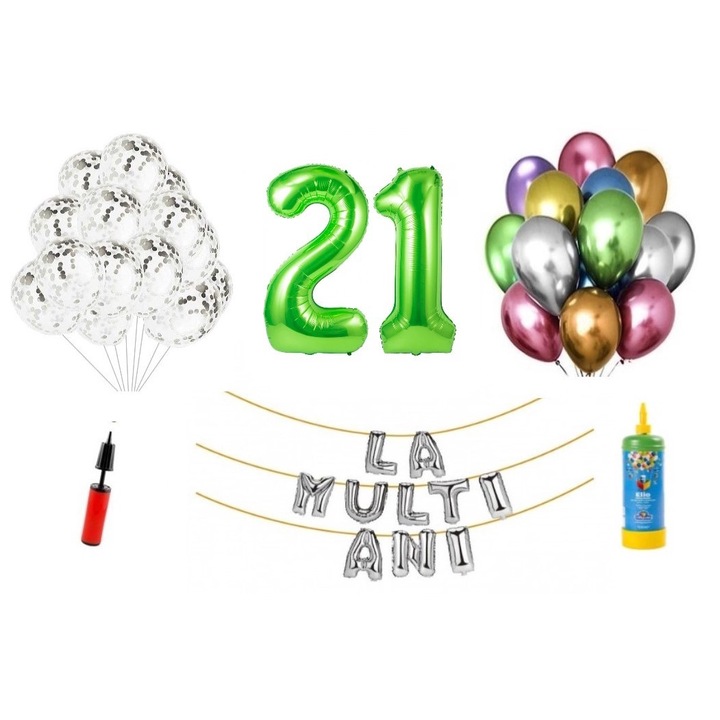 Комплект 34 балона DOMI PARTY & GIFTS, Честит рожден ден, 21-ви рожден ден, цифри от фолио 100 см, зелен + бутилка с хелий