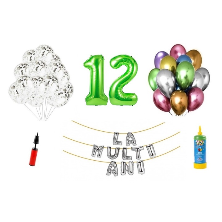 Domi Party & Gifts lufi szett, 34 elemes, Boldog születésnapot 12 éves évfordulóra, fóliafigurák 1,01 m, zöld + Hélium palack