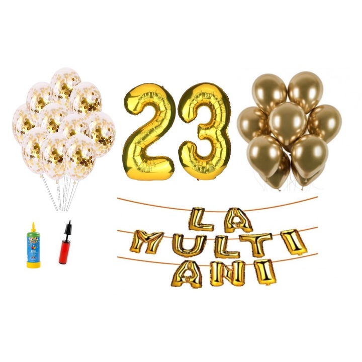 34 db DOMI PARTY & GIFTS lufi készlet, Boldog születésnapot 23 éves évfordulóra, fóliaszámok 100 cm, arany + hélium palack