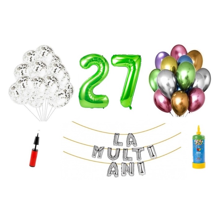 Set baloane DOMI PARTY & GIFTS, 34 elemente, La Multi Ani aniversare 27 ani, cifre folie 1.01 m, verde + Butelie de heliu