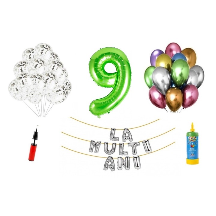DOMI PARTY & GIFTS lufi szett, 33 elemes, Boldog születésnapot 9 éves évfordulóra, fóliafigura 1,01 m, zöld + Hélium palack