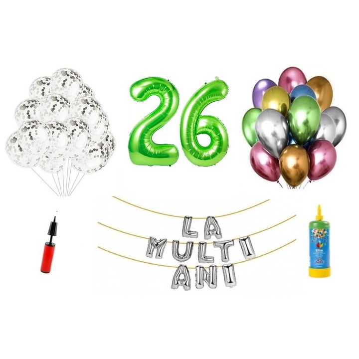 Комплект 34 балона DOMI PARTY & GIFTS, Happy Birthday 26 години юбилей, фолио цифри 1 м, зелен + бутилка с хелий