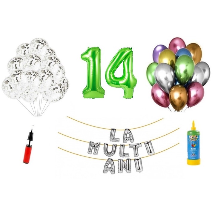 Комплект балони DOMI PARTY & GIFTS, 34 елемента, Happy Birthday 14 години, фигури от фолио 1,01 м, зелен + бутилка с хелий
