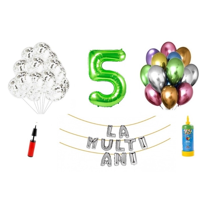 DOMI PARTY & GIFTS lufi szett, 33 elemes, Boldog születésnapot 5 éves évfordulóra, fóliafigura 1,01 m, zöld + Hélium palack