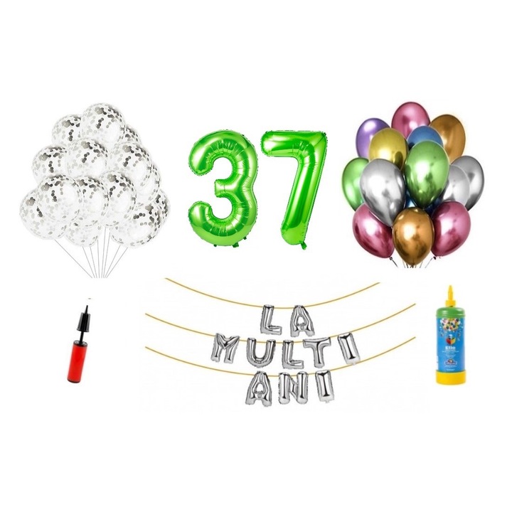 Комплект балони DOMI PARTY & GIFTS, 34 елемента, Happy Birthday 37 години, фолио цифри 1.01 м, зелен + бутилка с хелий
