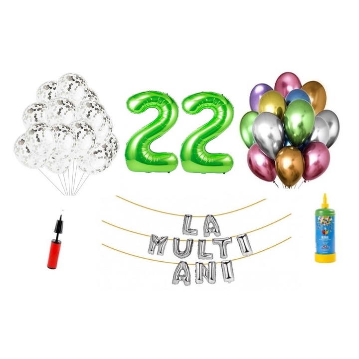 Комплект 34 балона DOMI PARTY & GIFTS, Happy Birthday 22 години юбилей, фолио цифри 1 м, зелен + бутилка с хелий