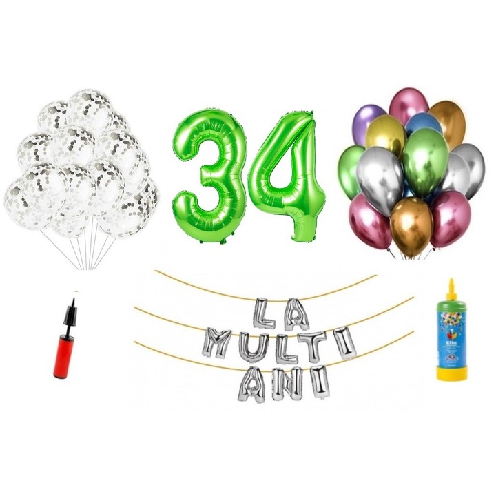 Комплект 34 балона DOMI PARTY & GIFTS, Честит рожден ден, 34-та годишнина, фолио цифри 100 см, зелен + бутилка с хелий