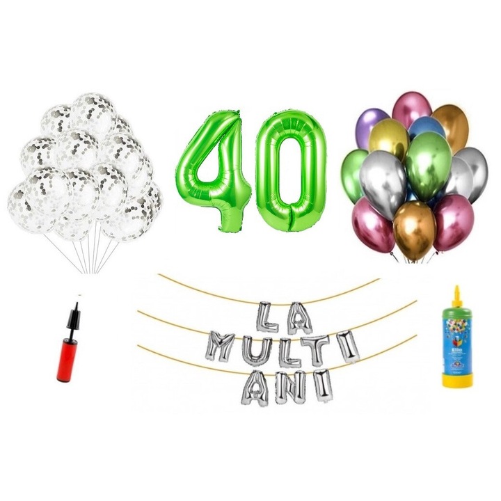 DOMI PARTY & GIFTS lufi szett, 34 elemes, Boldog születésnapot 40. évfordulóra, fóliaszámok 101 cm, zöld + Hélium palack