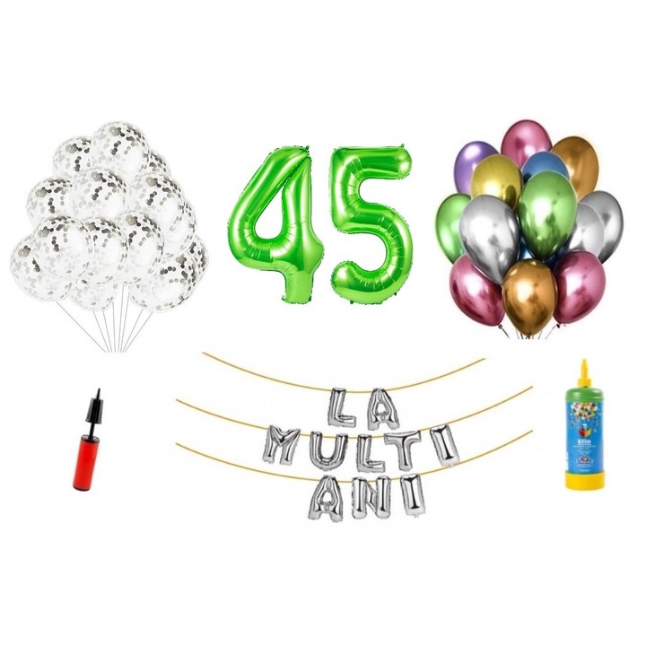 Set baloane DOMI PARTY & GIFTS, 34 elemente, La Multi Ani aniversare 45 ani, cifre folie 101 cm, verde + Butelie de heliu
