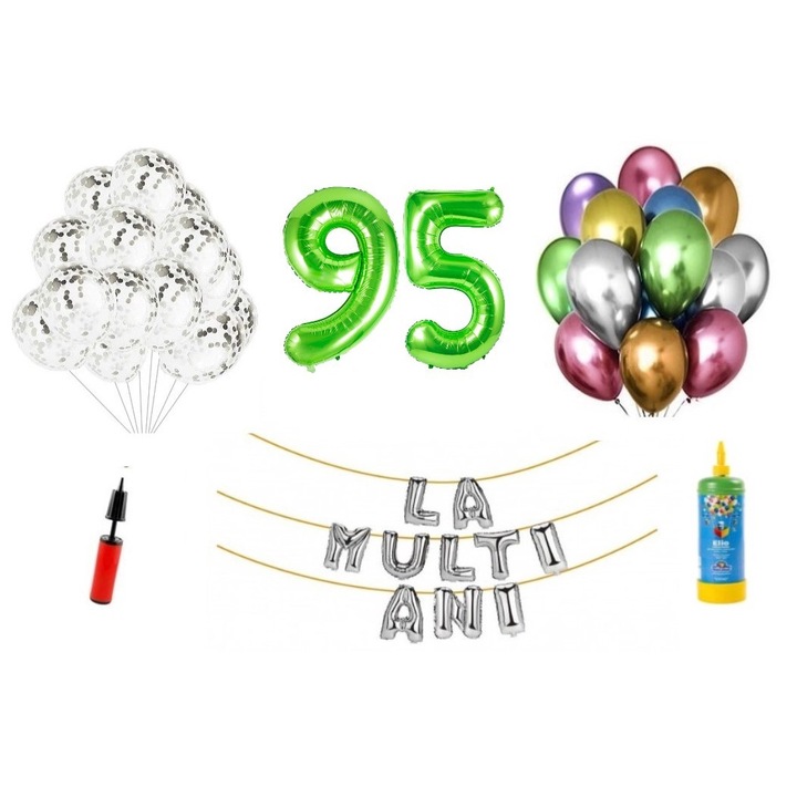 DOMI PARTY & GIFTS lufi szett, 34 elemes, Boldog születésnapot 95 éves, fóliaszámok 101 cm, zöld + Hélium palack
