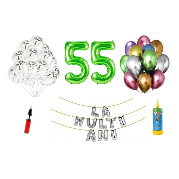DOMI PARTY & GIFTS lufi szett, 34 elemes, Boldog születésnapot 55 éves, fóliaszámok 1,01 m, zöld + Hélium palack