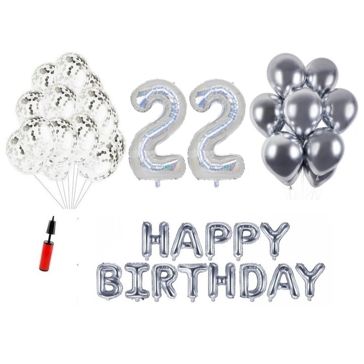 DOMI PARTY & GIFTS lufi szett, 33 elemes, Boldog születésnapot 6 éves évfordulóra, fóliaszám 101 cm, ezüst + Hélium palack
