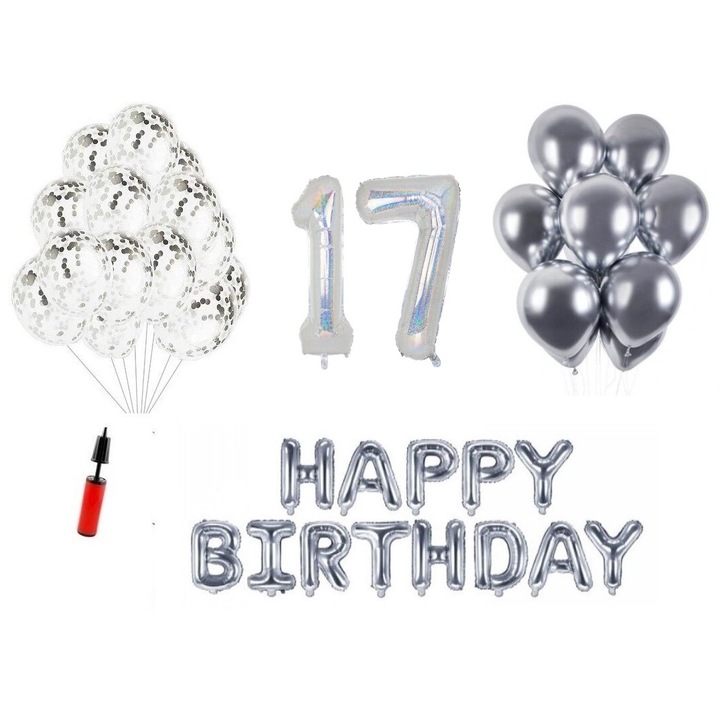 Комплект балони DOMI PARTY & GIFTS, 33 елемента, Happy Birthday 1 year юбилей, фолио номер 101 см, сребро + бутилка с хелий