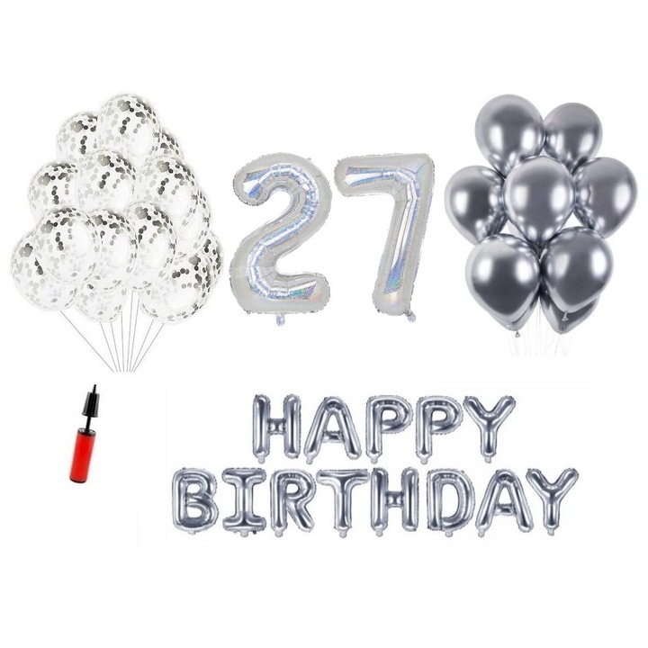 Комплект балони DOMI PARTY & GIFTS, 34 елемента, Happy Birthday 11 години, фолио цифри 101 см, сребро + бутилка с хелий