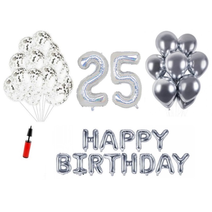 DOMI PARTY & GIFTS lufi szett, 33 elemes, Boldog születésnapot 9 éves évfordulóra, fóliaszám 101 cm, ezüst + Hélium palack