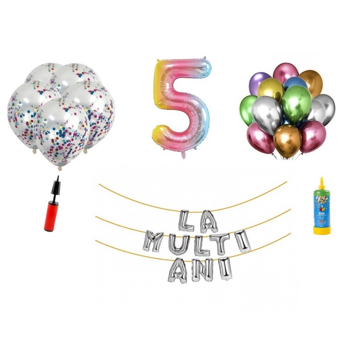 33 db DOMI PARTY & GIFTS lufi készlet, Boldog születésnapot 5 éves évfordulóra, 100 cm-es fóliaszám, szivárvány + hélium palack