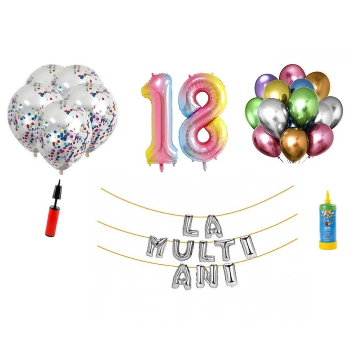 DOMI PARTY & GIFTS lufi készlet, 34 elemes, Boldog születésnapot 18 év, fólia számok 101 cm, szivárvány + hélium palack