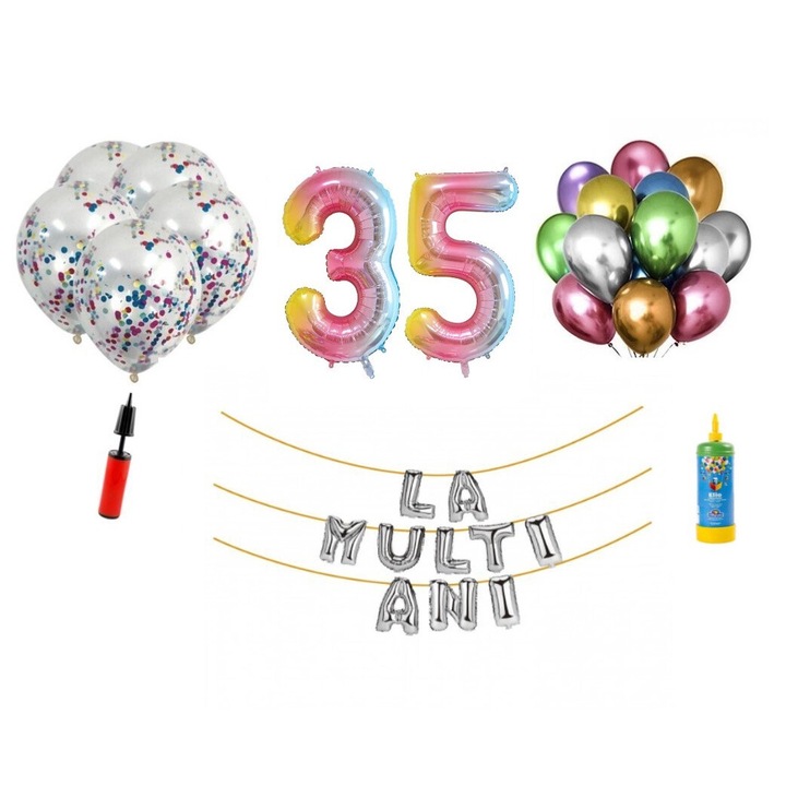 DOMI PARTY & GIFTS lufi szett, 34 elemes, Boldog születésnapot 35 év, fólia számok 101 cm, szivárvány + hélium palack