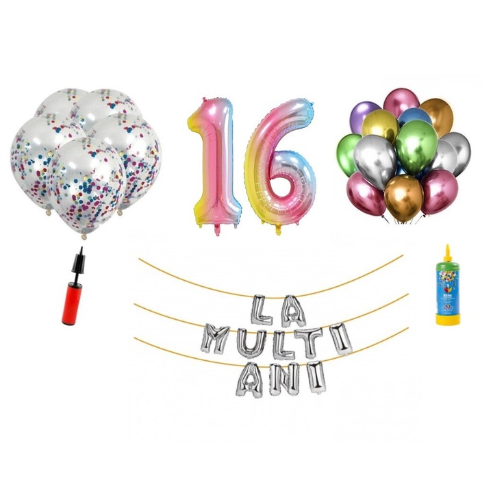 Комплект балони DOMI PARTY & GIFTS, 34 елемента, Happy Birthday 16 години, фолио цифри 101 см, дъга + бутилка с хелий